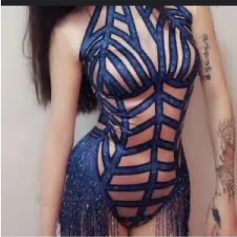 Blue dance leotard fringe leotard fringe bodysuit showgirl costume